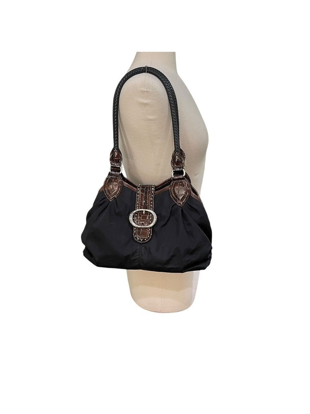 Brighton Shelly Nylon And Leather Shoulder Bag Leopard Lining Black Brown